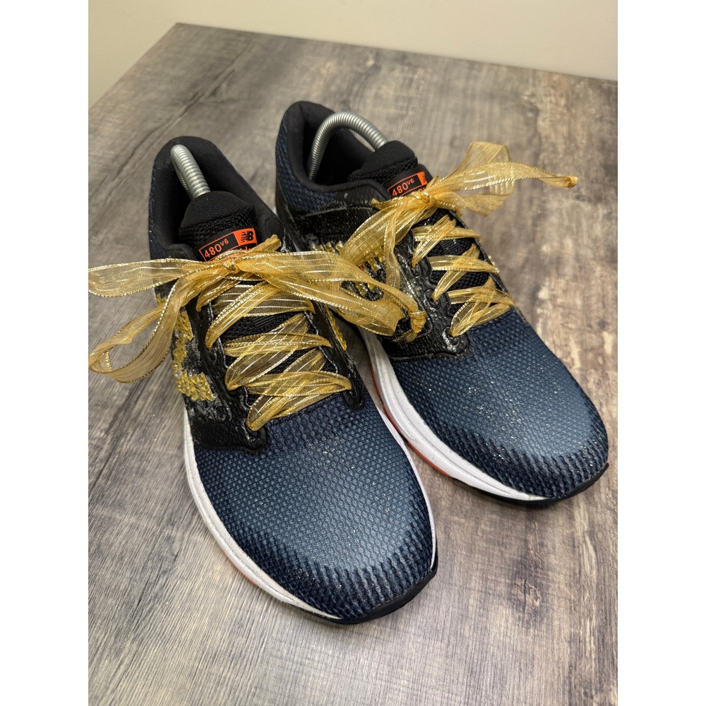 New Balance 480v6 Navy Black Gold Rhinestone Ribbon Laces W480LB6 Womens 11